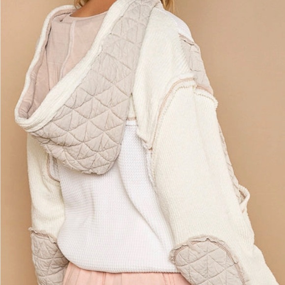 Cut Sew Multi Fabric Hooded Button Down Combo Shacket- Cream - Picture 3 of 3